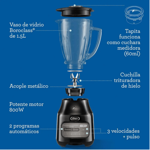 Licuadora Oster® con Tecnología Reversible con Vaso de Vidrio 1.5L  Negra Blstpegbrt - Image 7